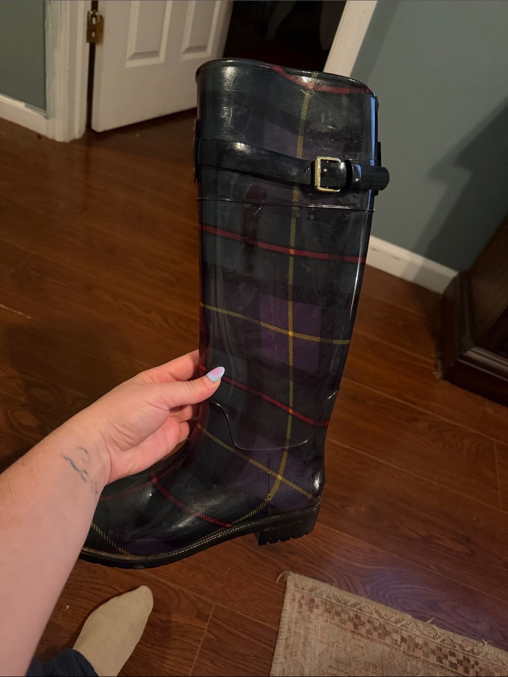 Lauren Ralph Lauren Plaid Tall Rain Boots in Black with Red & Yellow Accents